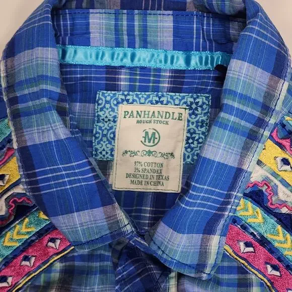 Panhandle Rough Stock Plaid Western Shirt M Embroidered Snap - Picture 7 of 14